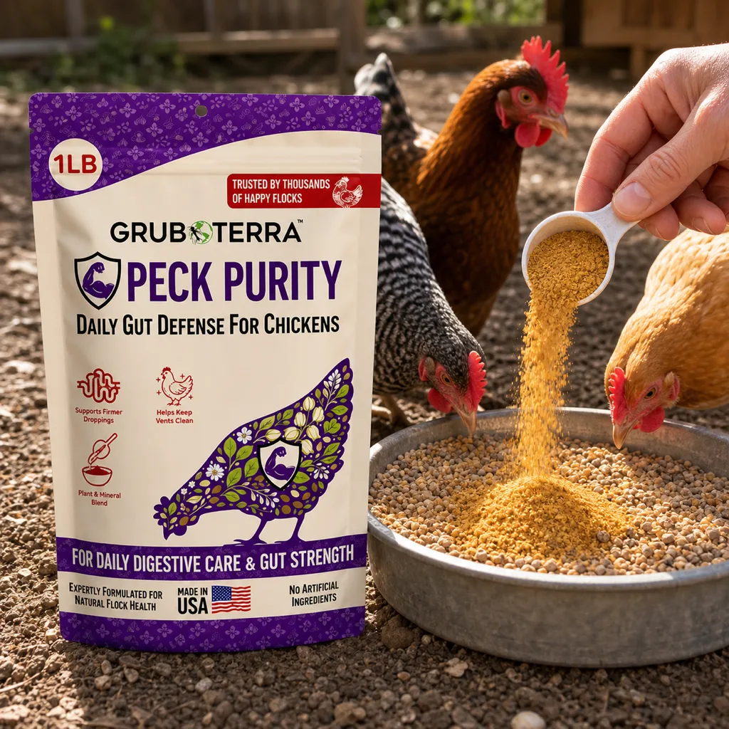 Peck Purity bag with a scoop being poured into a feed pan