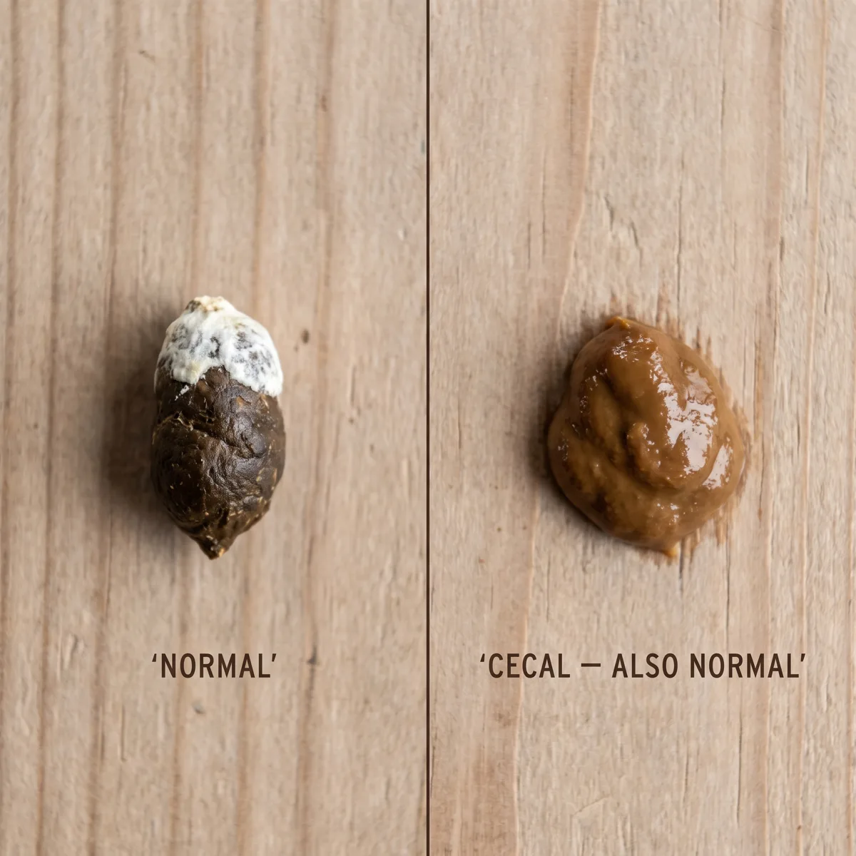 Side-by-side photo of normal and cecal chicken droppings