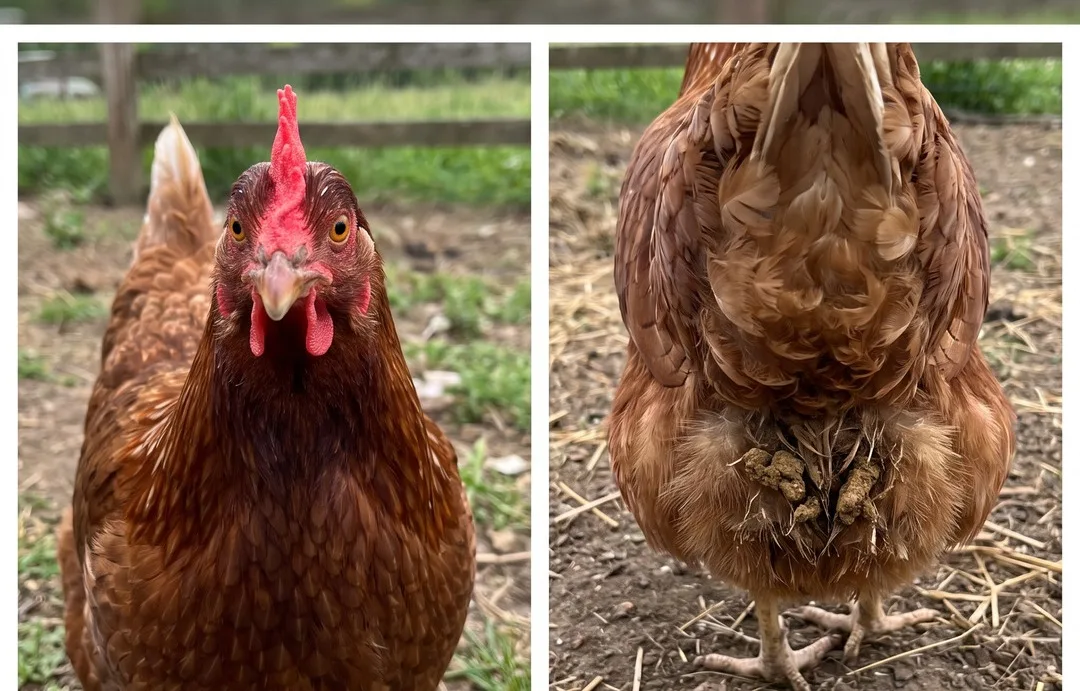 A hen from the front looking healthy, and from behind with a soiled vent