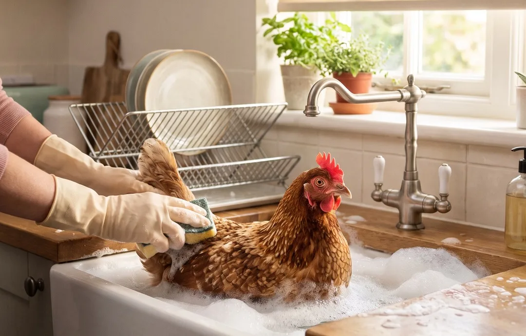 A hen getting a soapy bath in a kitchen sink