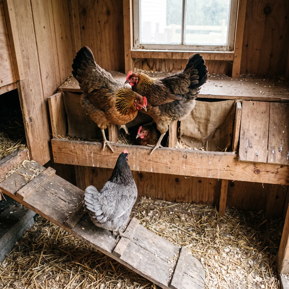 Hens queueing at the nest boxes inside a wooden coop