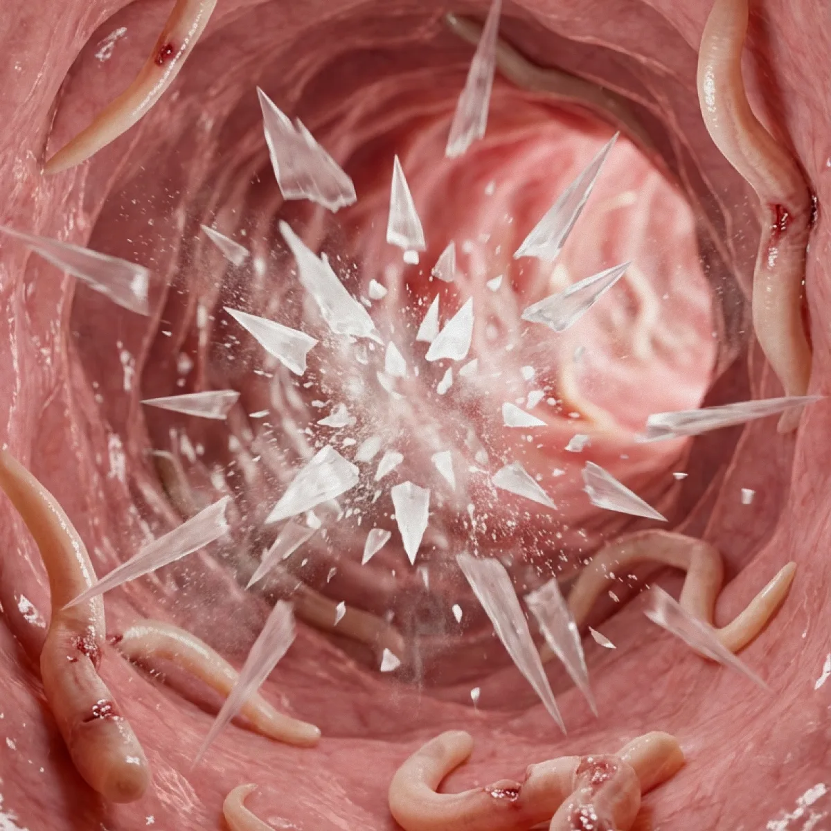 Diatomaceous earth disrupting parasites in a chicken's gut