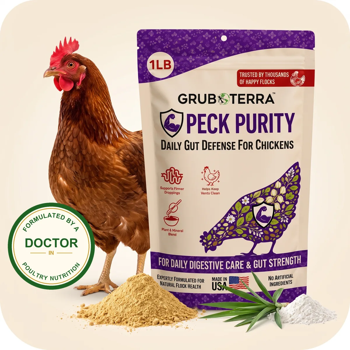 Peck Purity Daily Gut Defense bag next to a healthy hen, with a Formulated by a Doctor in Poultry Nutrition badge