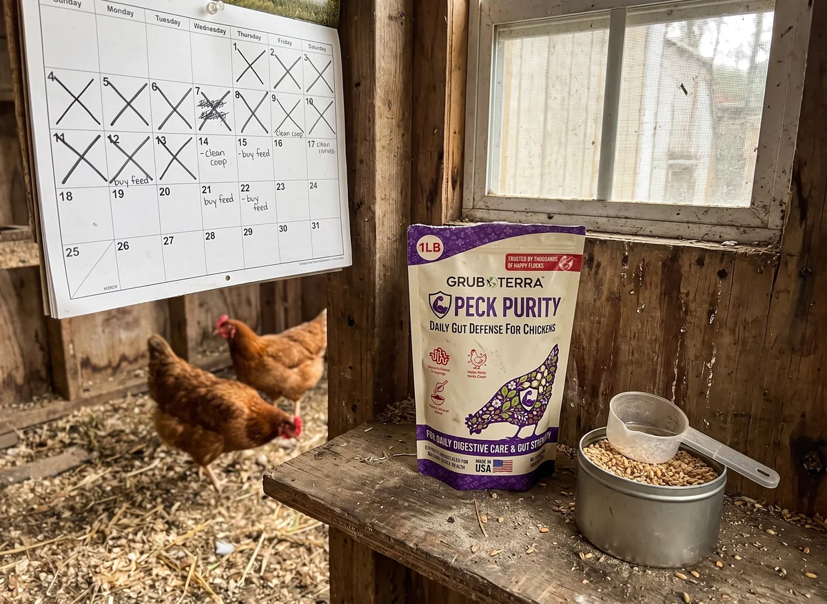 Coop wall calendar with weeks crossed off above a bag of Peck Purity and a feed scoop