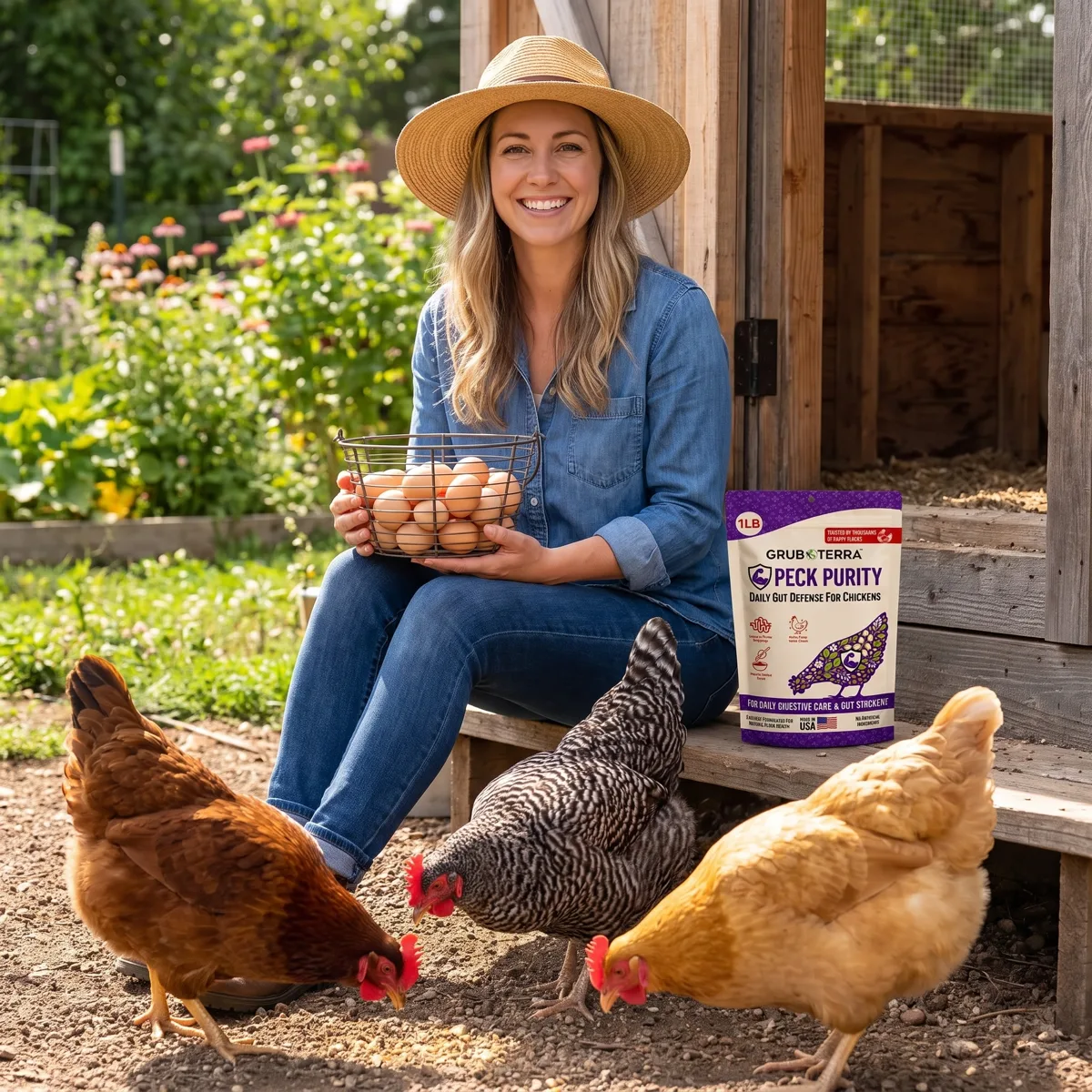 Smiling keeper holding a basket of eggs next to her hens and a bag of Peck Purity